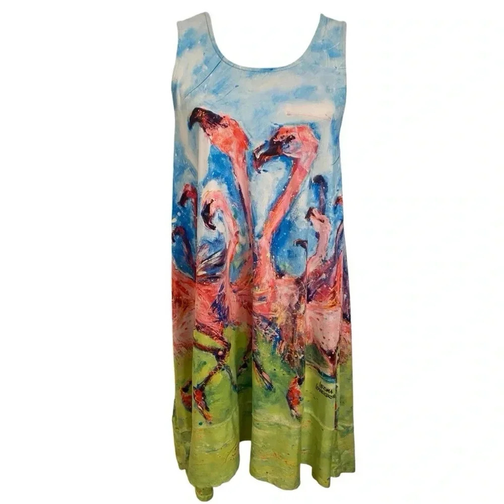 Leoma Lovegrove Art To Wear Pullover Flamingo Print Dress